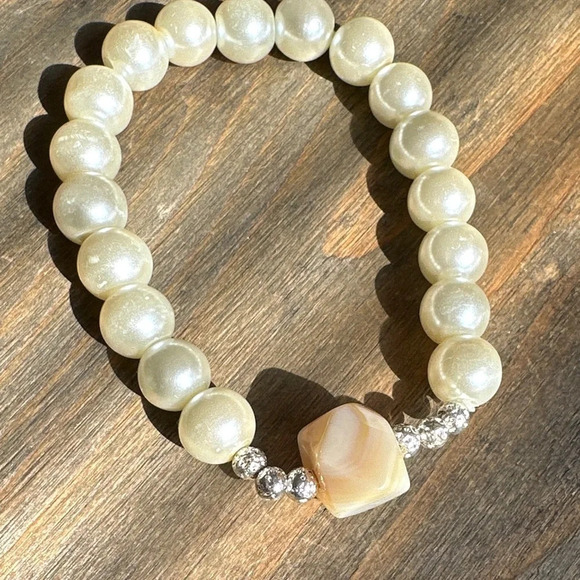 Yellow crazy lace agate and crystal Edison pearls bracelet chunky - Picture 1 of 10